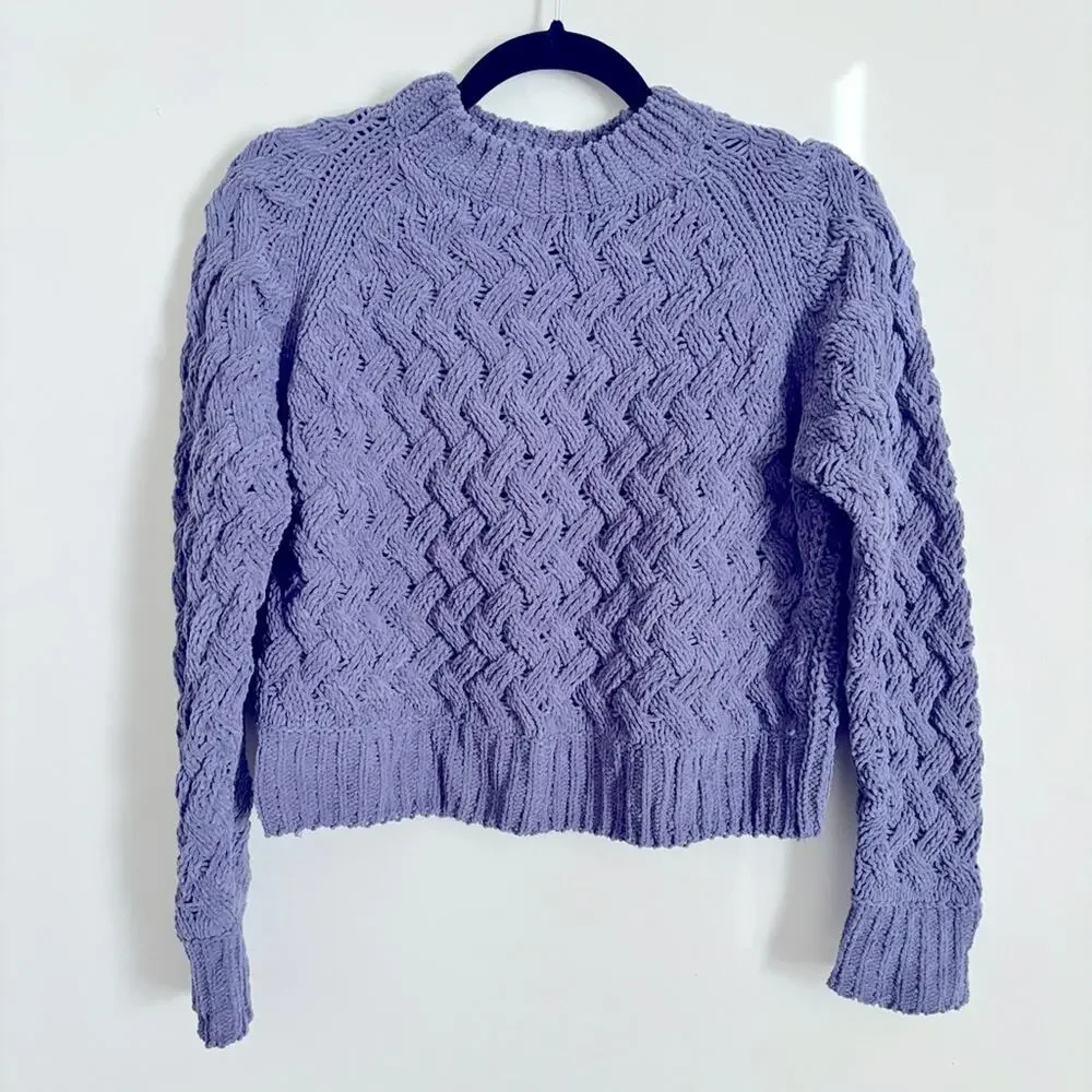 Kendall & Kylie Crew Neck Purple Soft Chunky Cable Knit Cropped Sweater Size S - Picture 1 of 6